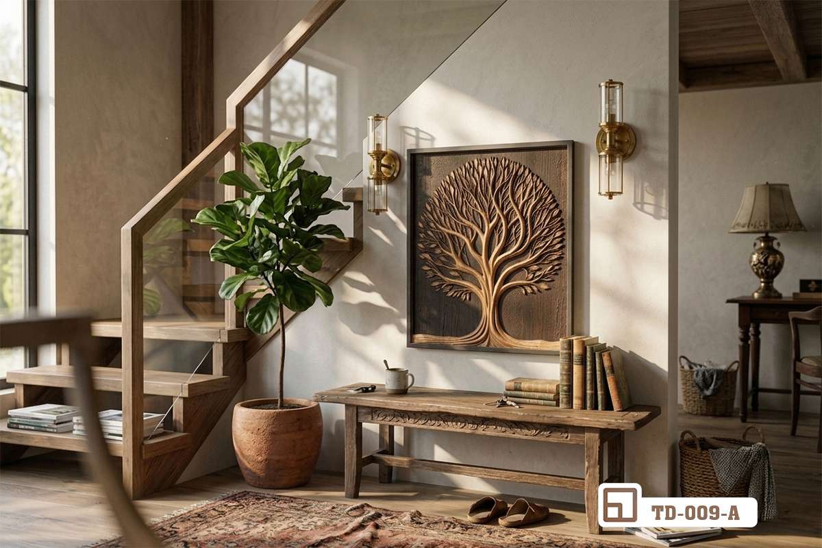 tranh gỗ cây trang trí góc bàn console gần gũi thiên nhiên Góc nhìn cận cảnh tác phẩm tranh gỗ cây đặt cạnh bàn console gỗ cùng chậu cây xanh gần gũi thiên nhiên