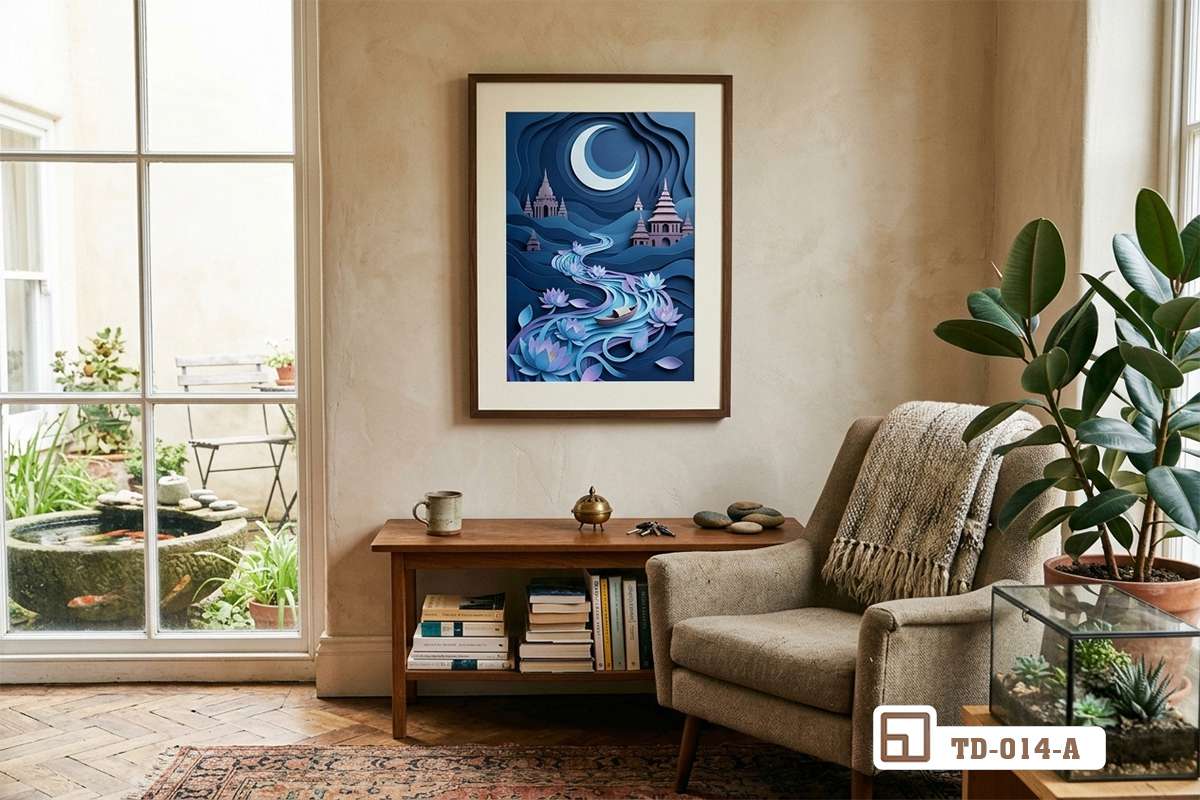 bức tranh hoa sen đêm trăng treo tường phòng khách cạnh ghế sofa đơn và chậu cây xanh Bức tranh hoa sen đêm trăng treo trang trọng trên bức tường màu be trong phòng khách ấm cúng bên cạnh ghế sofa vải mềm mại