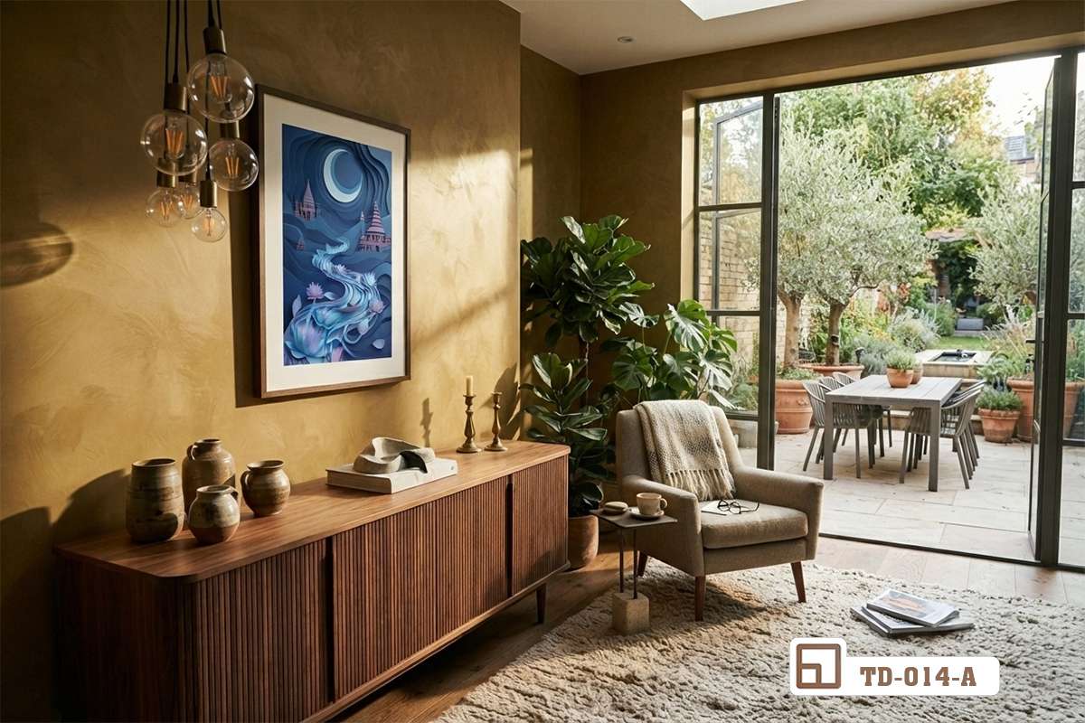 bức tranh hoa sen đêm trăng treo phía trên kệ tủ gỗ dài trang trí phòng khách tối giản Bức tranh hoa sen đêm trăng điểm xuyết hoàn hảo trên bức tường phòng khách phía trên chiếc tủ gỗ dài mộc mạc