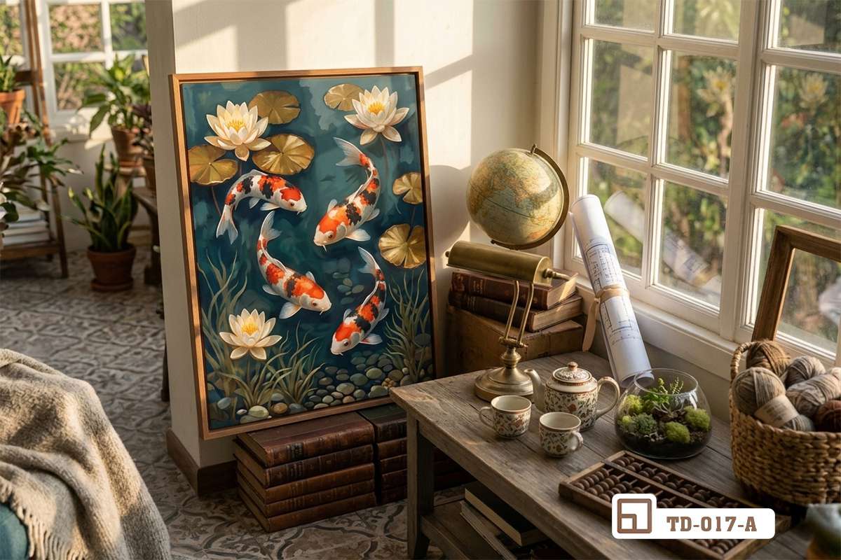 tranh cá koi hoa sen dựa bàn làm việc khung cửa sổ Bức tranh cá koi hoa sen đặt dựa trên bàn làm việc gỗ bên khung cửa sổ ngập tràn ánh nắng