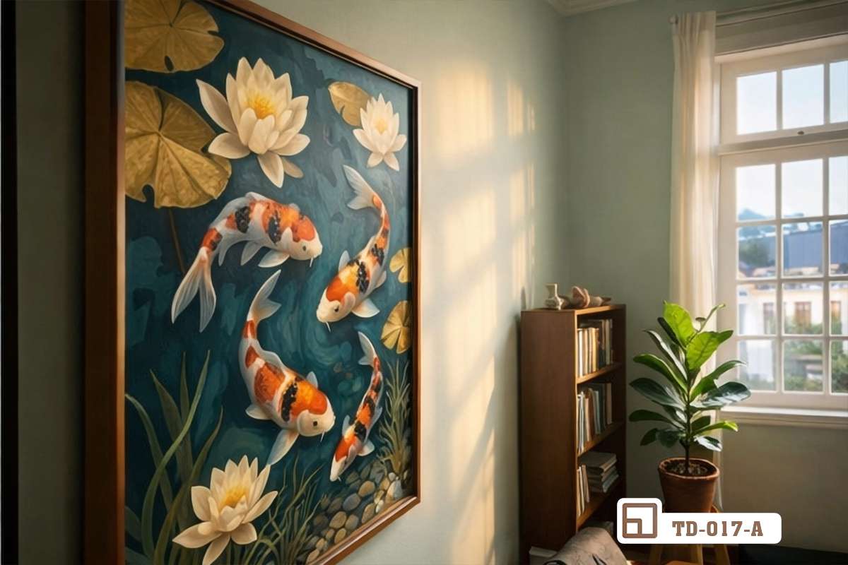 tranh cá koi hoa sen góc cận cảnh tường sơn xanh trầm Cận cảnh đường nét tinh xảo của bức tranh cá koi hoa sen nổi bật trên mảng tường sơn xanh trầm mặc