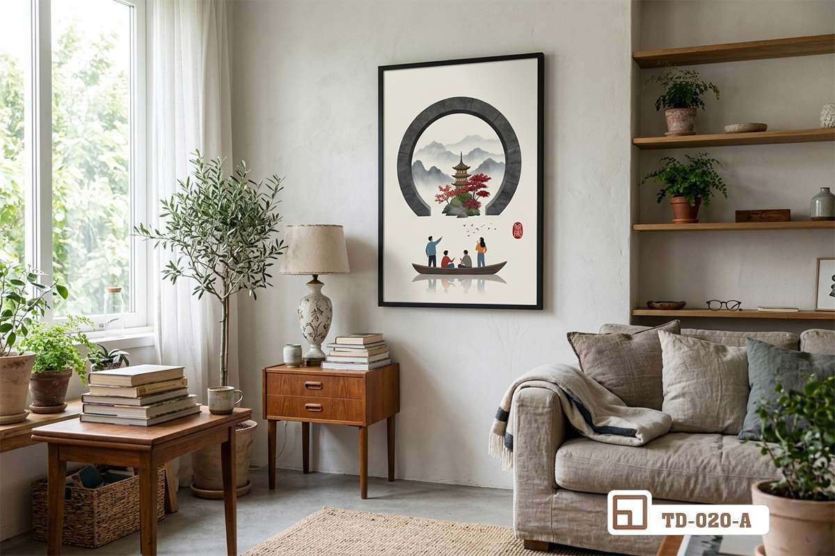 tranh phong cảnh á đông treo tường phòng khách ghế sofa mềm mại Bức tranh phong cảnh á đông treo trang trọng trên mảng tường phòng khách kết hợp ghế sofa êm ái