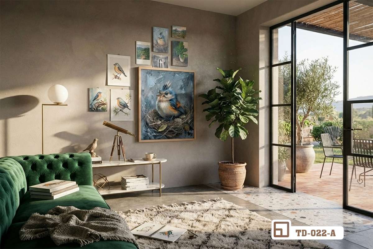 bức tranh sơn dầu chim sẻ treo phía trên kệ tủ gỗ dài trang trí phòng khách tối giản Bức tranh sơn dầu chim sẻ điểm xuyết hoàn hảo trên bức tường phòng khách phía trên chiếc tủ gỗ dài mộc mạc