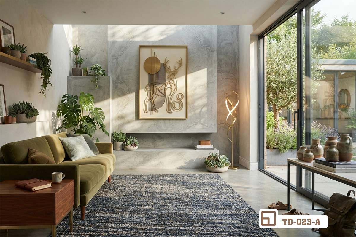 tranh huou vang nghe thuat phong khach lon ghe sofa xanh Bức tranh hươu vàng nghệ thuật treo trong phòng khách rộng rãi có ghế sofa xanh và thảm lông