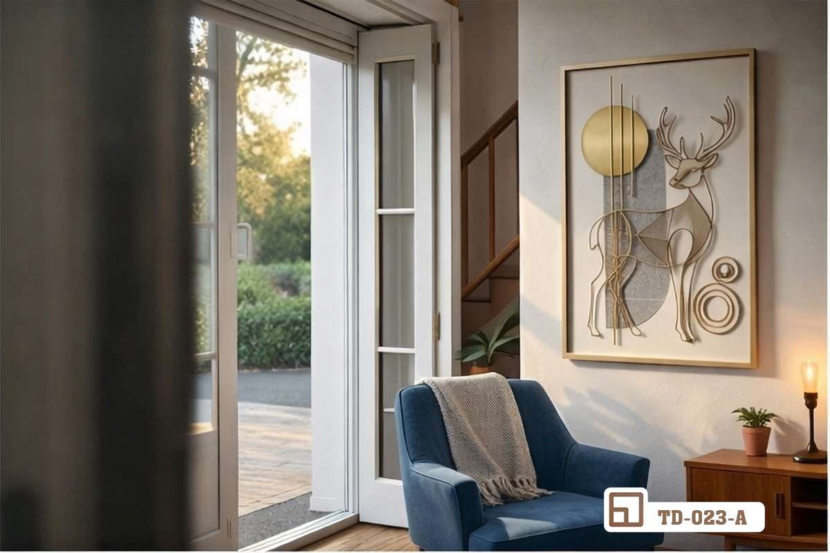 tranh huou vang nghe thuat canh cua so don anh sang tu nhien Bức tranh hươu vàng nghệ thuật đặt sát khung cửa sổ đón trọn ánh sáng tự nhiên ấm áp