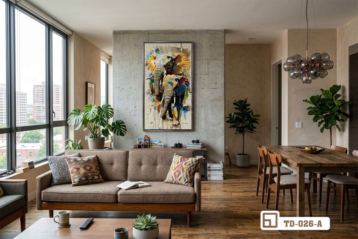tranh voi nghệ thuật treo tường phòng khách ghế sofa bê tông Bức tranh voi nghệ thuật khổ dọc treo trên mảng tường bê tông trần cạnh bộ ghế sofa da màu nâu sang trọng trong phòng khách