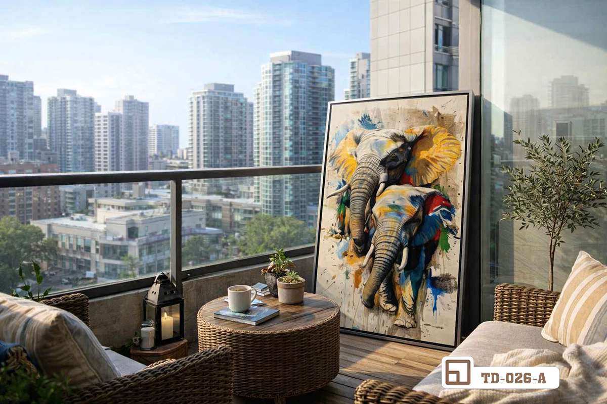 tranh voi nghệ thuật phong cách mixed media ngoài ban công Bức tranh voi nghệ thuật mixed media đặt tựa bên khung cửa kính lớn hướng ra ban công ngập tràn ánh sáng tự nhiên và cây xanh