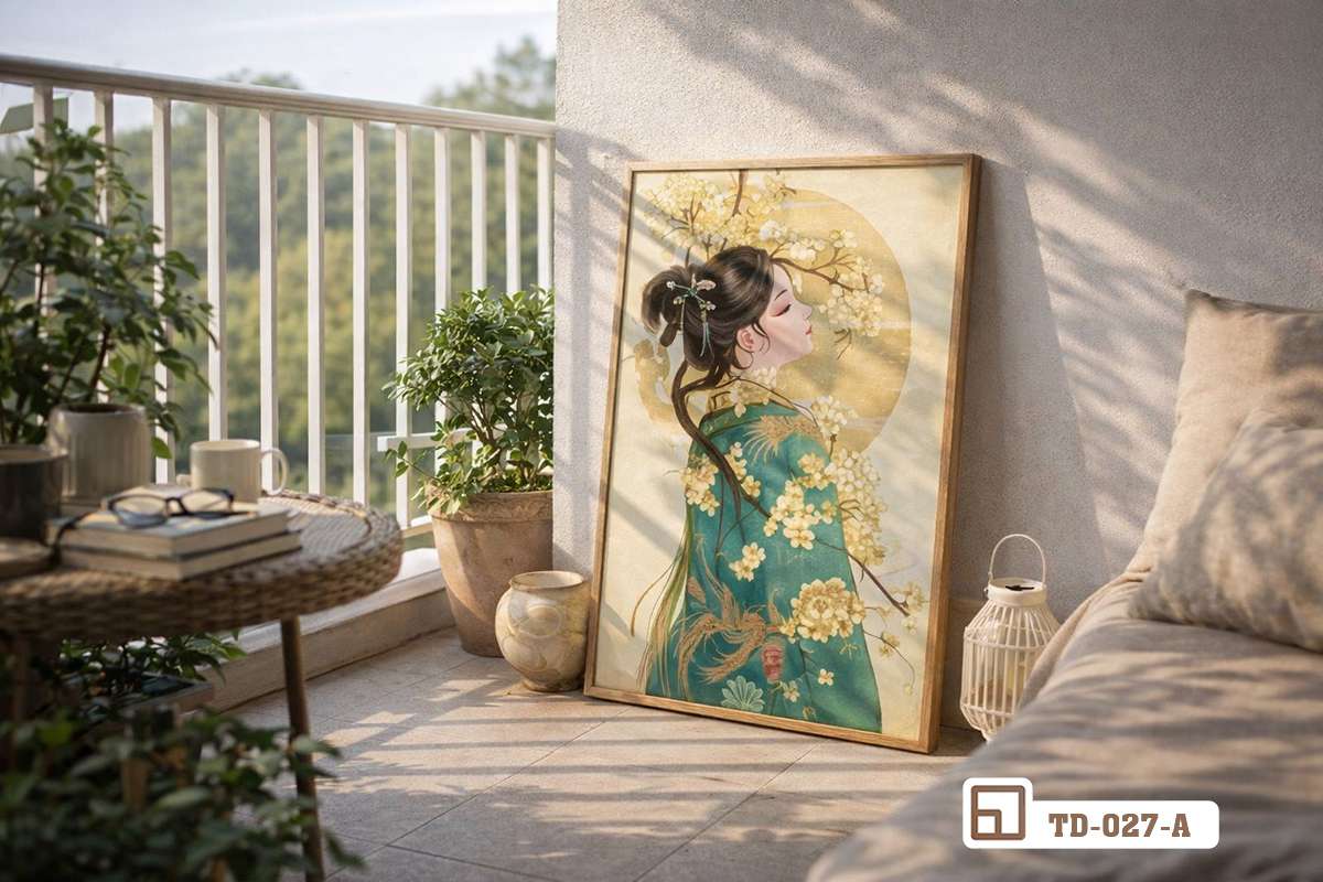 tranh thiếu nữ cổ điển bố trí ở ban công nhiều cây xanh thoáng đãng Không gian ban công thoáng đãng ngập tràn cây xanh kết hợp bức tranh thiếu nữ cổ điển tĩnh lặng