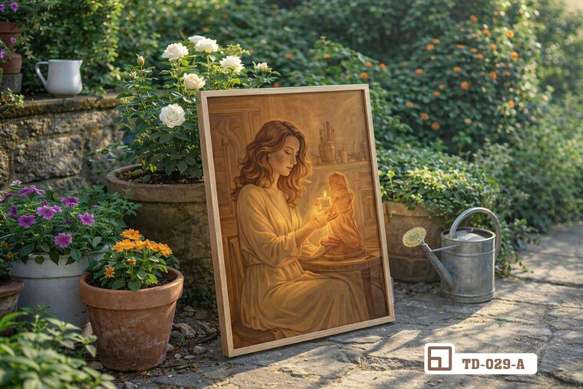tranh canvas nữ nghệ sĩ nặn gốm tựa tường sân vườn ngoài trời Bức tranh canvas thiếu nữ nặn gốm đặt tựa nhẹ nhàng trên tường gạch mộc ngoài khu vực sân vườn