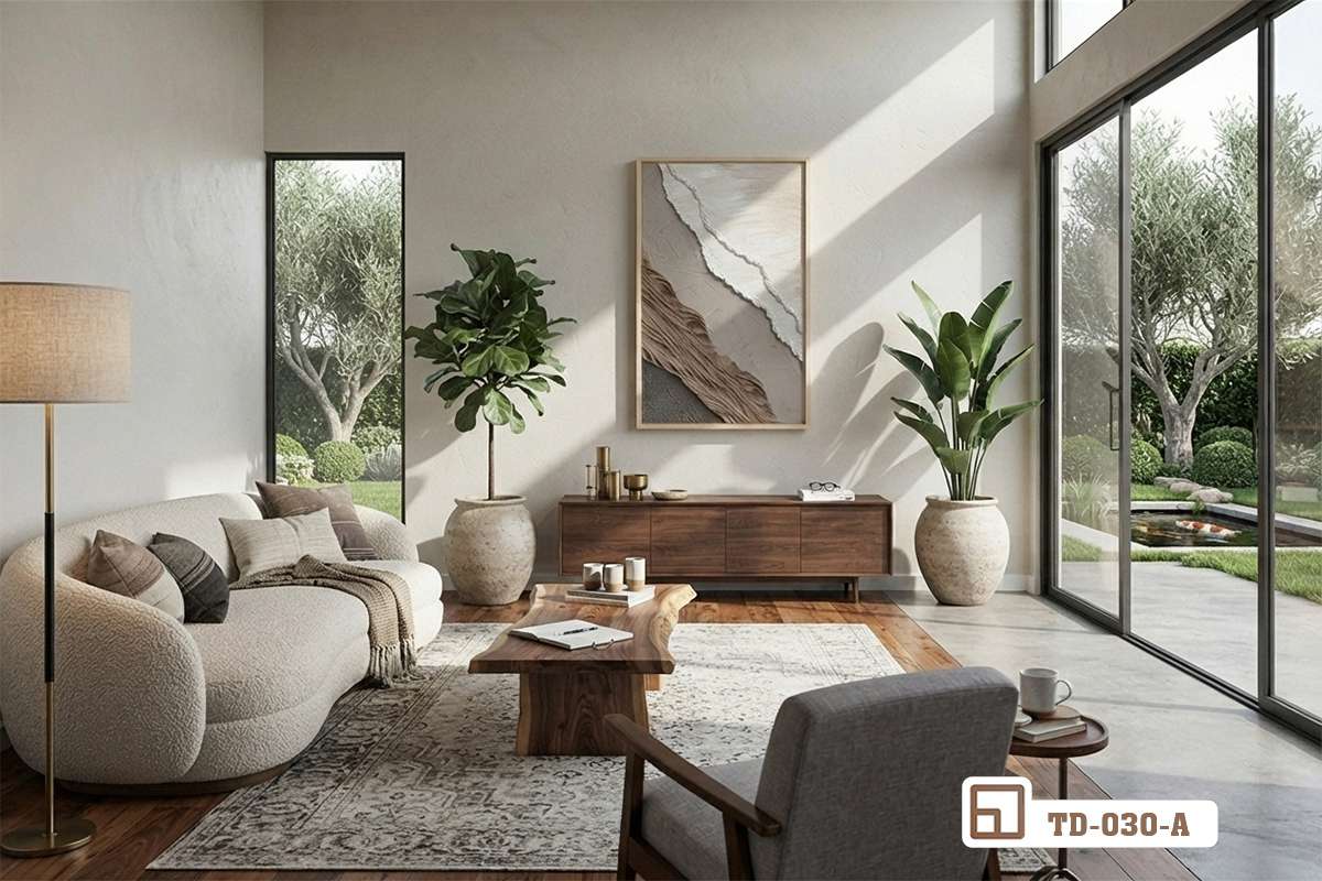tranh trừu tượng cát phòng khách hiện đại bộ sofa trắng bàn trà Không gian phòng khách hiện đại với bộ sofa trắng sang trọng và bức tranh trừu tượng cát điểm tô trên tường