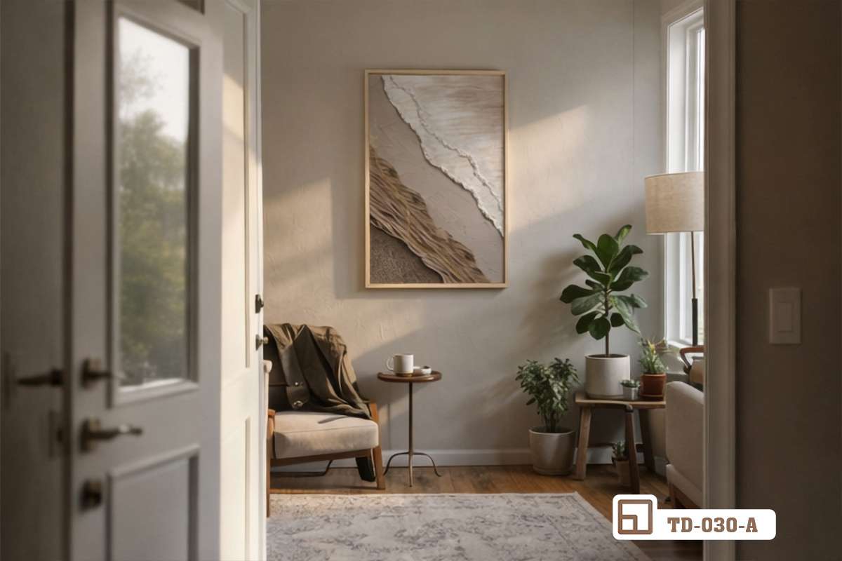 tranh trừu tượng cát khung cửa ra vào hướng ra ban công Góc nhìn từ cửa ra vào với bức tranh trừu tượng cát tạo điểm nhấn nghệ thuật cho bức tường phòng khách