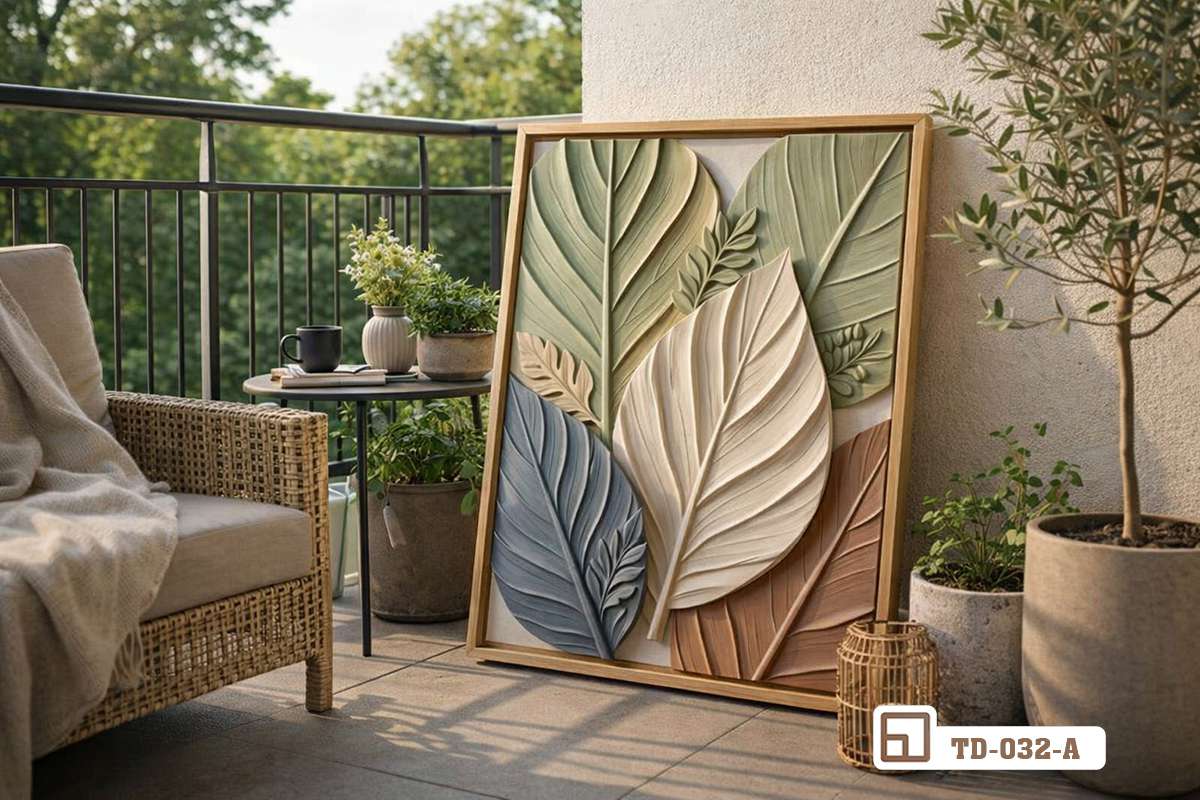 tranh chiếc lá ban công thoáng đãng ghế mây chậu cây cảnh ngoài trời Bức tranh chiếc lá đặt tựa nhẹ nhàng tại không gian ban công thoáng đãng với ghế mây và chậu cây cảnh