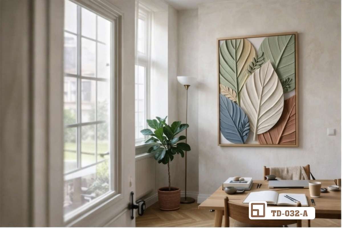 tranh chiếc lá khung cảnh phòng làm việc cạnh cửa sổ lớn đón nắng Bức tranh chiếc lá đặt trang trọng trong phòng làm việc cạnh khung cửa sổ lớn đón trọn ánh sáng tự nhiên