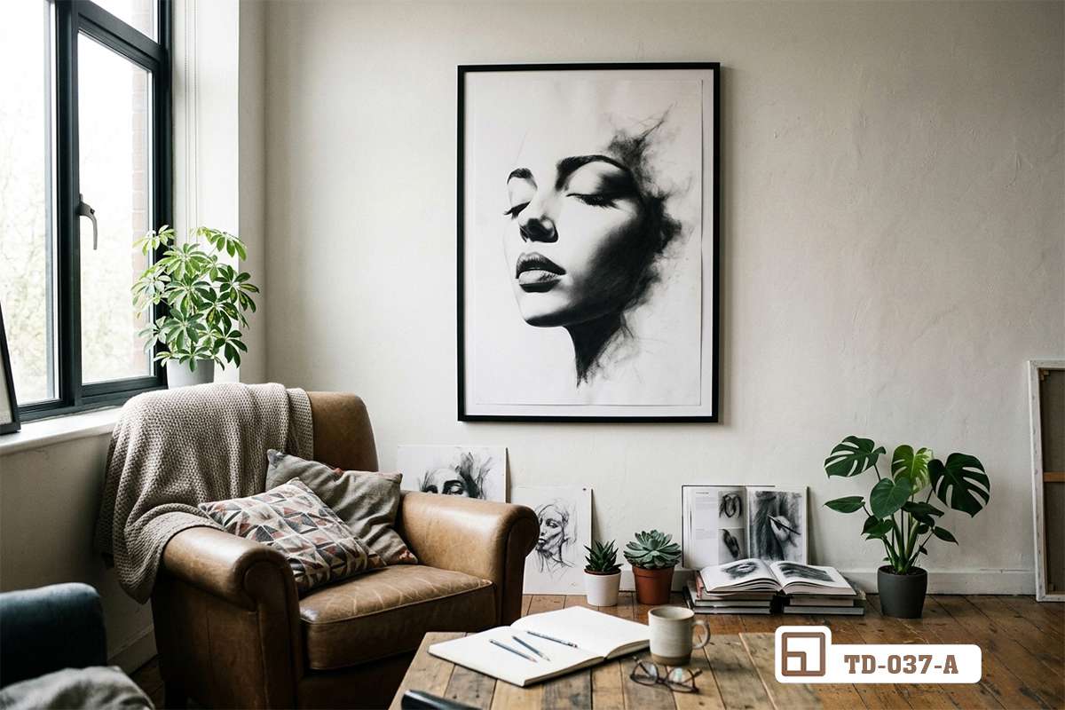 tranh chân dung phác thảo treo tường ghế sofa da nâu phòng khách Phối cảnh tranh chân dung phác thảo treo trên mảng tường sáng cạnh bộ sofa da nâu cổ điển