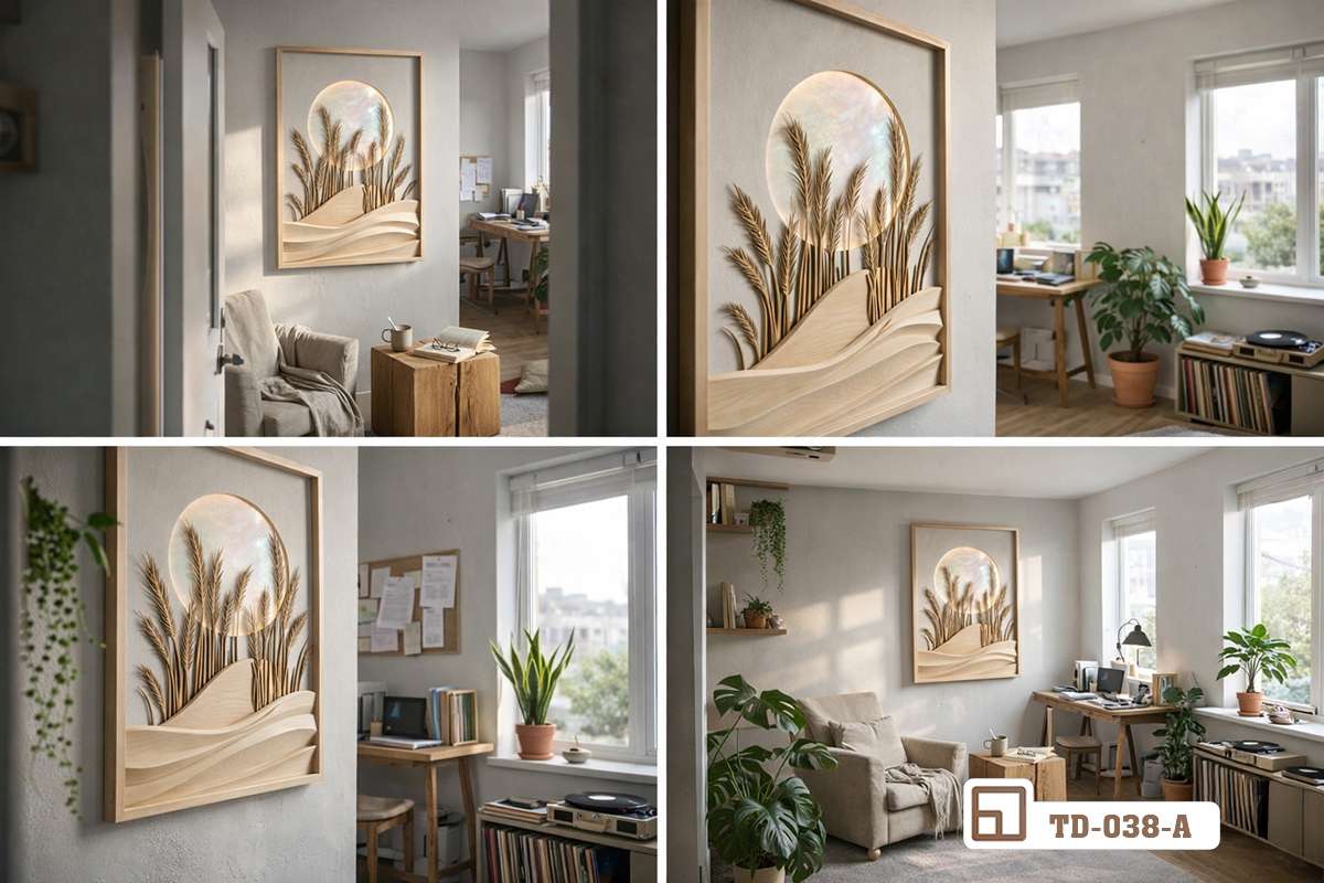 tranh bông lúa treo tường phòng đọc sách cạnh khung cửa sổ lớn Bức tranh khắc họa bông lúa nghệ thuật treo trên mảng tường sáng sủa bên cạnh khung cửa sổ lớn nhìn ra ngoài