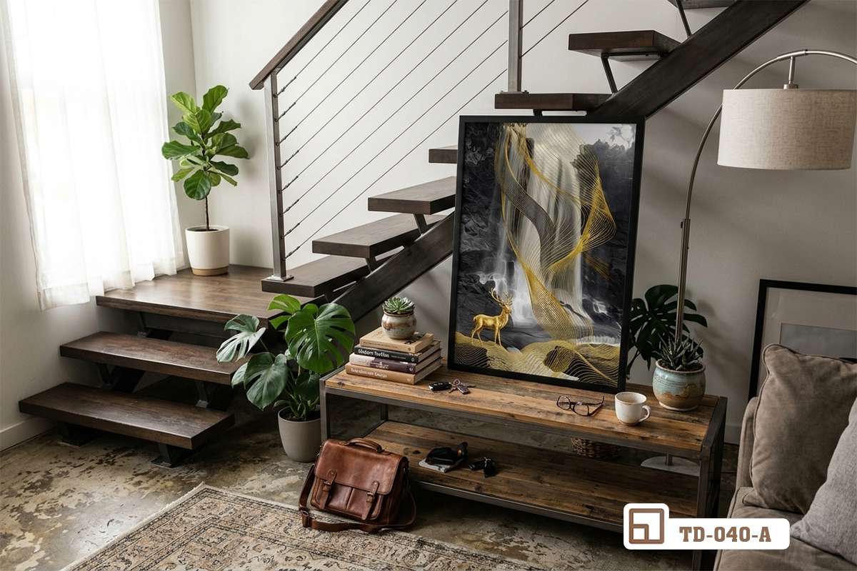 bức tranh hươu vàng đặt trên kệ gỗ mộc mạc cạnh góc cầu thang Góc nhìn toàn cảnh bức tranh hươu vàng đài các được đặt tinh tế trên chiếc kệ gỗ mộc mạc bên chân cầu thang thông tầng