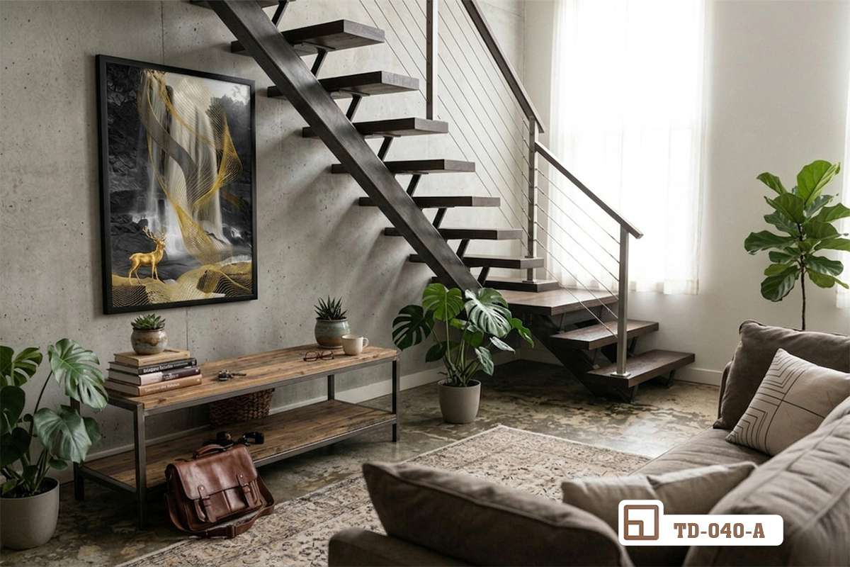 tranh hươu vàng đài các treo tường phòng khách hiện đại cạnh bậc tam cấp Phối cảnh treo tường bức tranh hươu vàng đài các sang trọng trong phòng khách thiết kế mở với ánh sáng tự nhiên rực rỡ