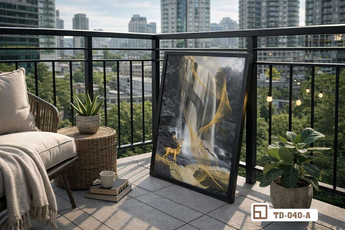 bức tranh hươu vàng tựa lưng lan can ban công ngập tràn cây xanh ngoài trời Chi tiết bức tranh hươu vàng đài các tựa vững chãi cạnh lan can ban công xanh mát ngập tràn ánh nắng ban mai