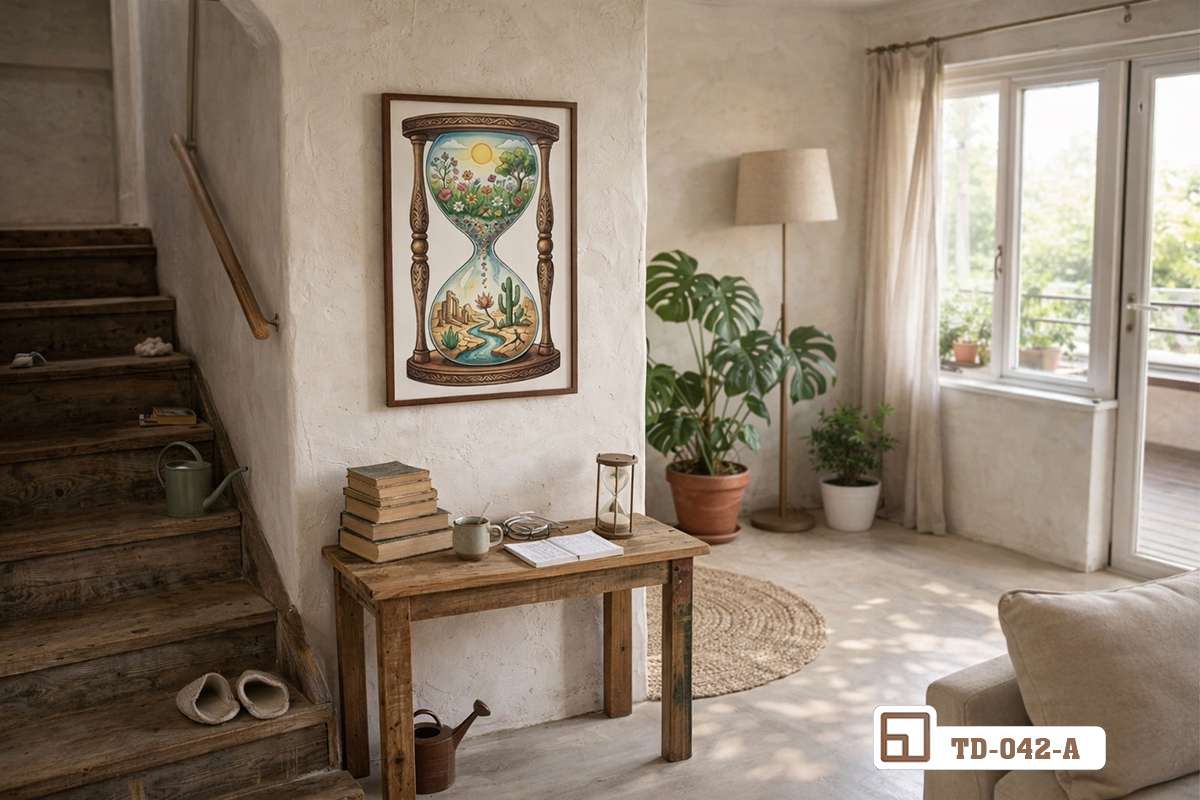tranh đồng hồ cát tựa trên bàn gỗ làm việc cạnh cửa sổ sáng sủa Bức tranh đồng hồ cát nghệ thuật tựa trên bàn làm việc gỗ mộc bên khung cửa sổ tràn ngập ánh sáng