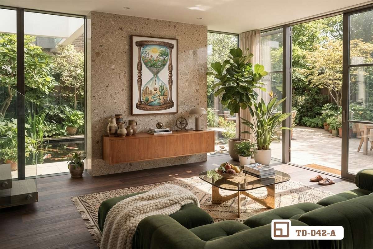 tranh đồng hồ cát treo phòng khách lớn cạnh bộ ghế sofa và thảm trải sàn Bức tranh đồng hồ cát khổ lớn treo trang trọng giữa phòng khách hiện đại cạnh bộ ghế sofa êm ái
