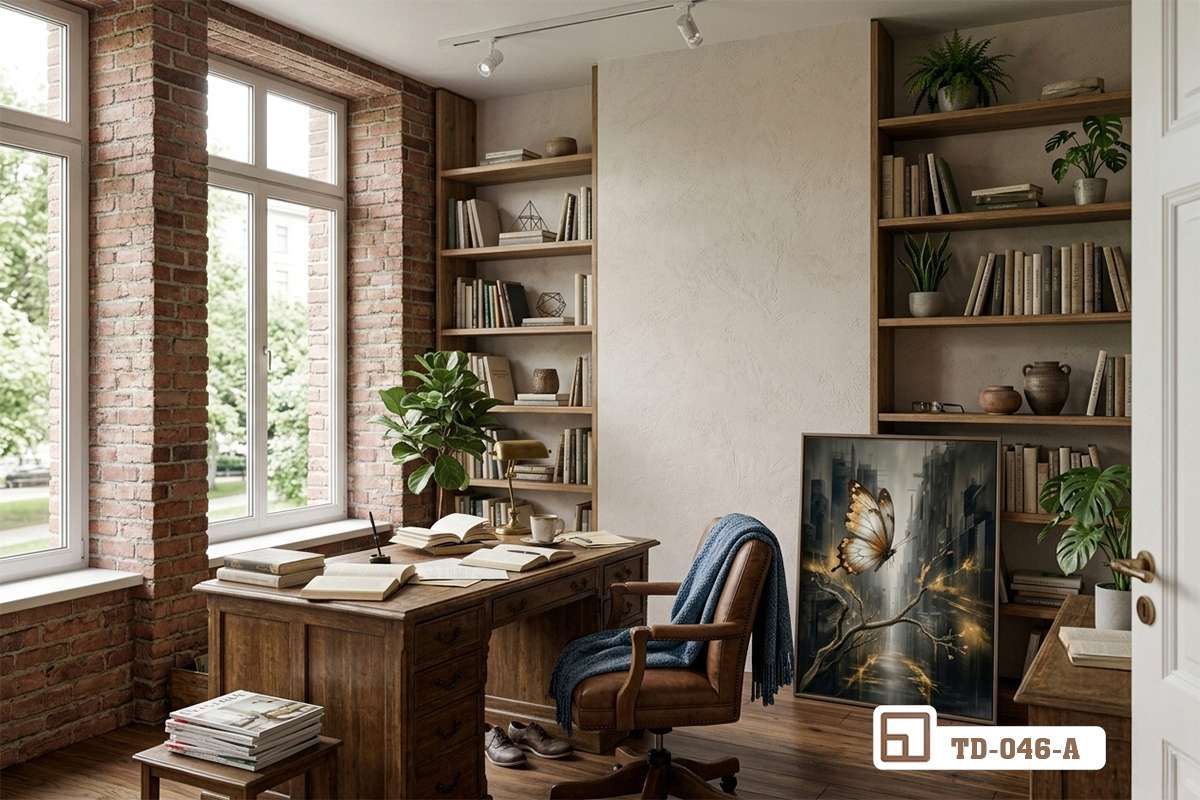 tranh con bướm nghệ thuật đặt trên bàn làm việc gỗ mộc cổ điển Bức tranh con bướm nghệ thuật đặt tựa trên bàn làm việc gỗ mộc kết hợp kệ sách phía sau