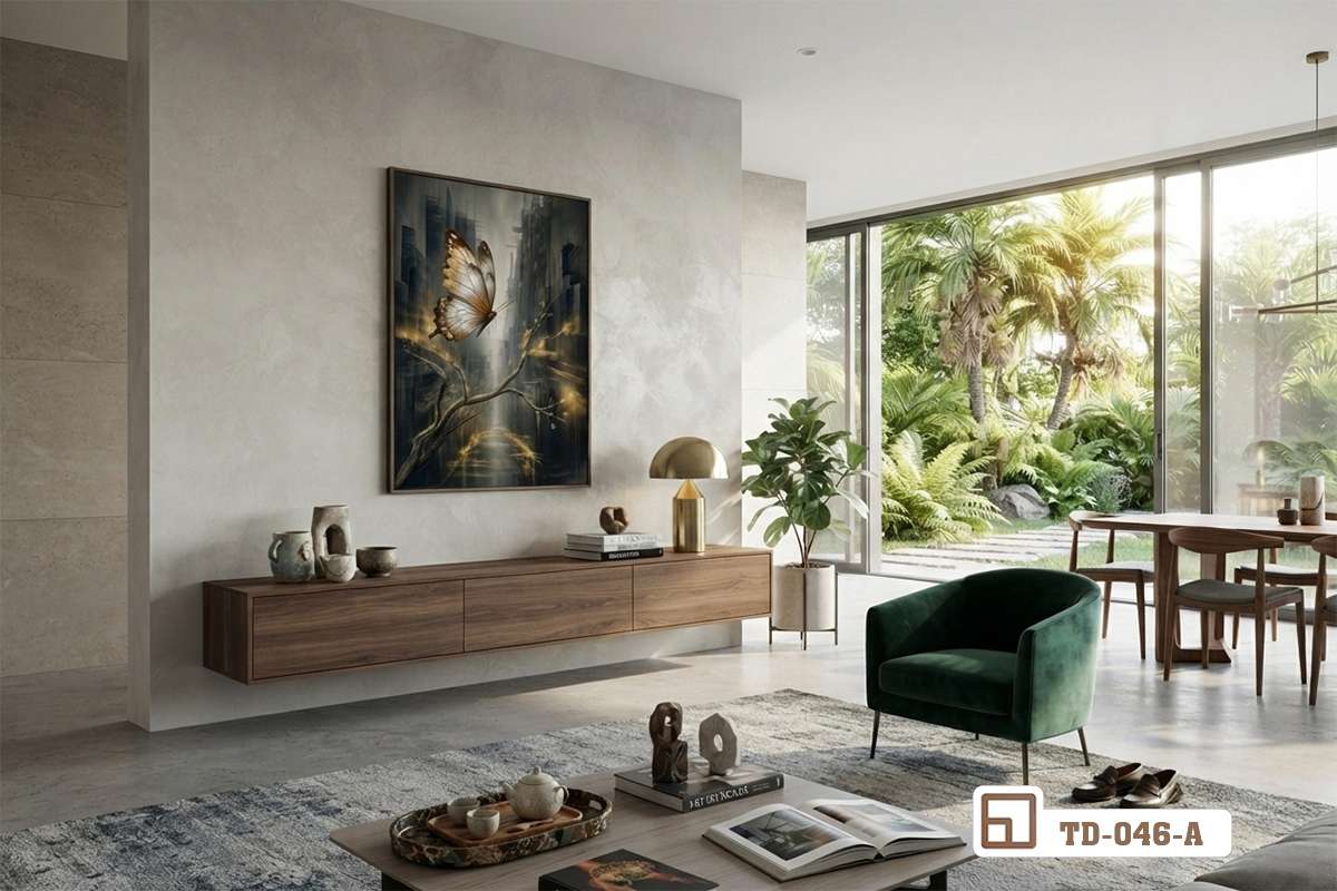 tranh con bướm nghệ thuật treo tường phòng khách lớn cạnh ghế sofa xanh Bức tranh con bướm nghệ thuật khổ lớn treo trang trọng giữa phòng khách hiện đại cạnh bộ ghế sofa êm ái