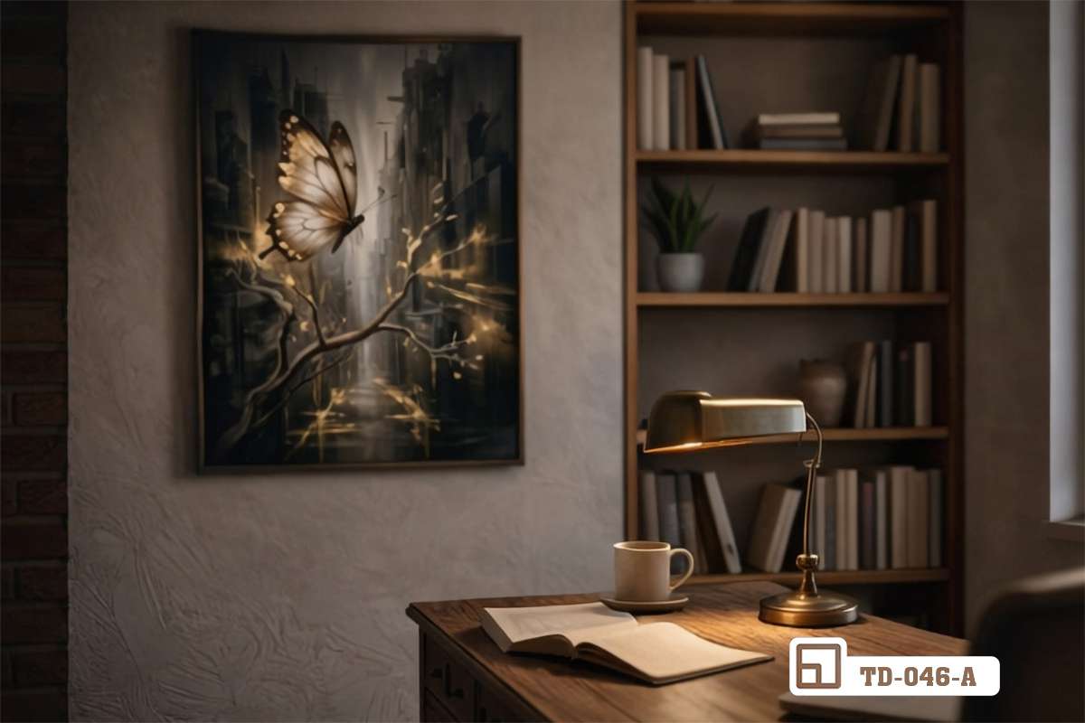 tranh con bướm nghệ thuật góc làm việc tối giản ban đêm đèn vàng Góc làm việc tối giản ấm áp về đêm với bức tranh con bướm nghệ thuật đặt cạnh bàn gỗ và đèn vàng