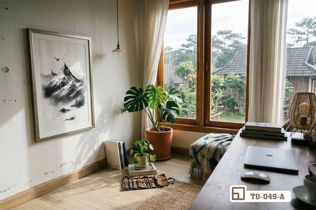Tranh thủy mặc phong cảnh treo tường phòng khách hiện đại kết hợp cây xanh và khung cửa gỗ Không gian phòng khách sáng sủa với bức tranh thủy mặc phong cảnh điểm xuyết nét đẹp tối giản