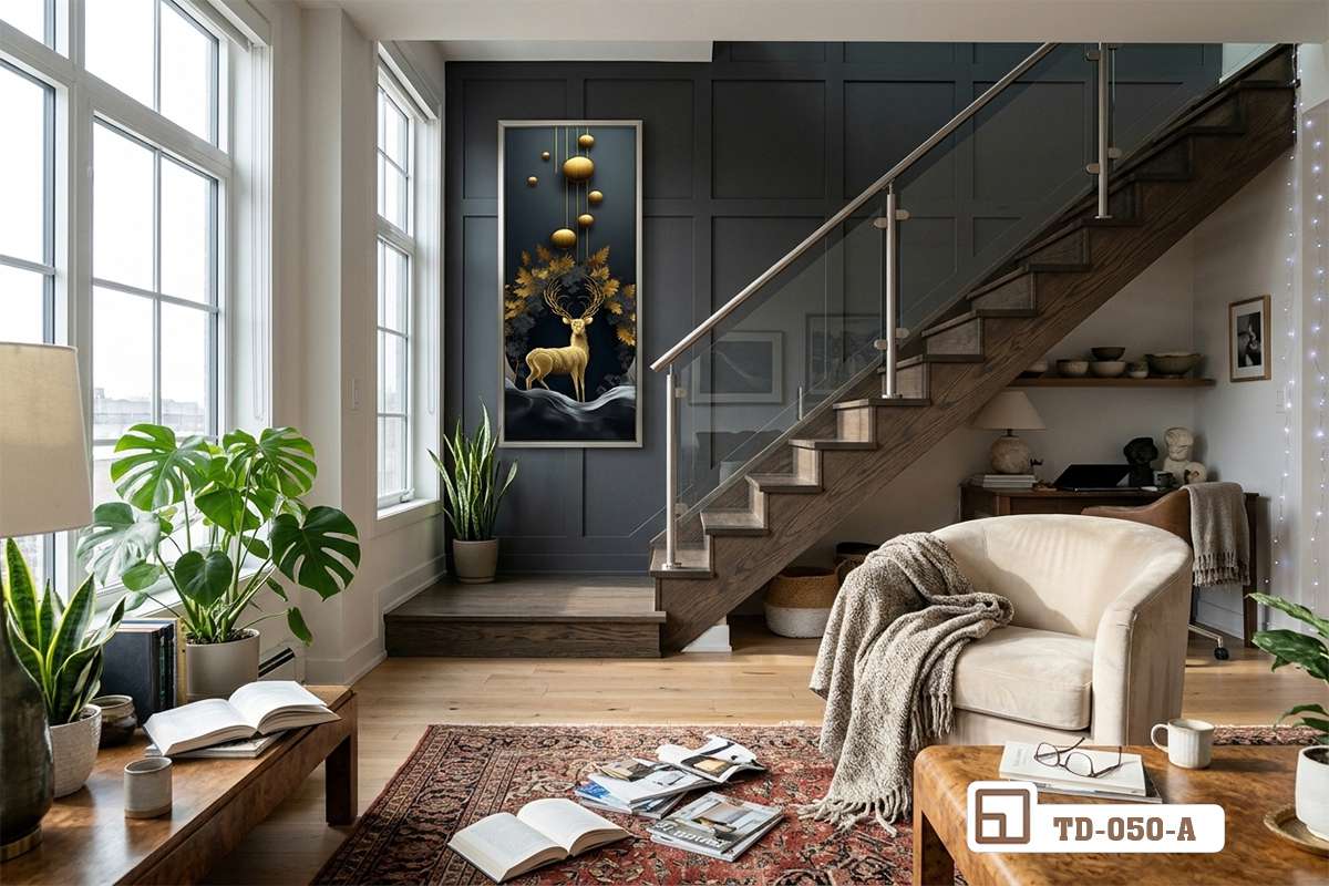 tranh hươu vàng sang trọng bố trí cạnh góc cầu thang phòng khách chung cư hiện đại Bức tranh hươu vàng sang trọng treo tường cạnh góc cầu thang phòng khách căn hộ chung cư cao cấp