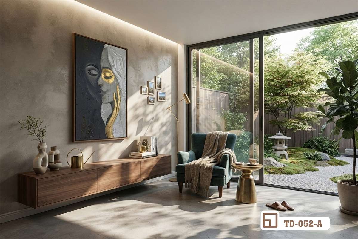 tranh khắc họa ánh kim treo trên mảng tường phòng khách cạnh hệ tủ gỗ dài và đèn hắt sáng Phòng khách sang trọng với hệ tủ gỗ dài và bức tranh khắc họa ánh kim đón ánh sáng tự nhiên qua cửa kính