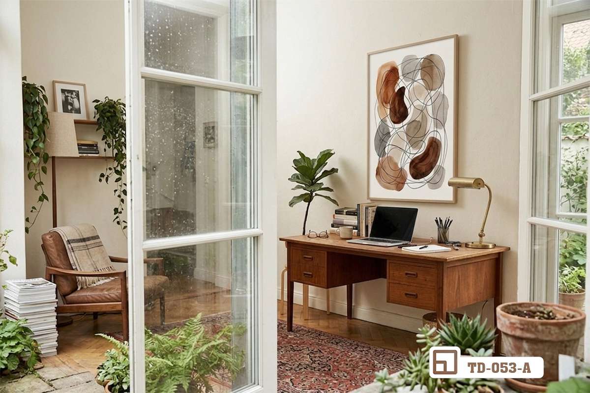 tranh nghệ thuật tối giản bài trí góc phòng làm việc nhỏ Góc phòng làm việc nhỏ ấm cúng với bức tranh nghệ thuật tối giản treo tường kết hợp cây xanh