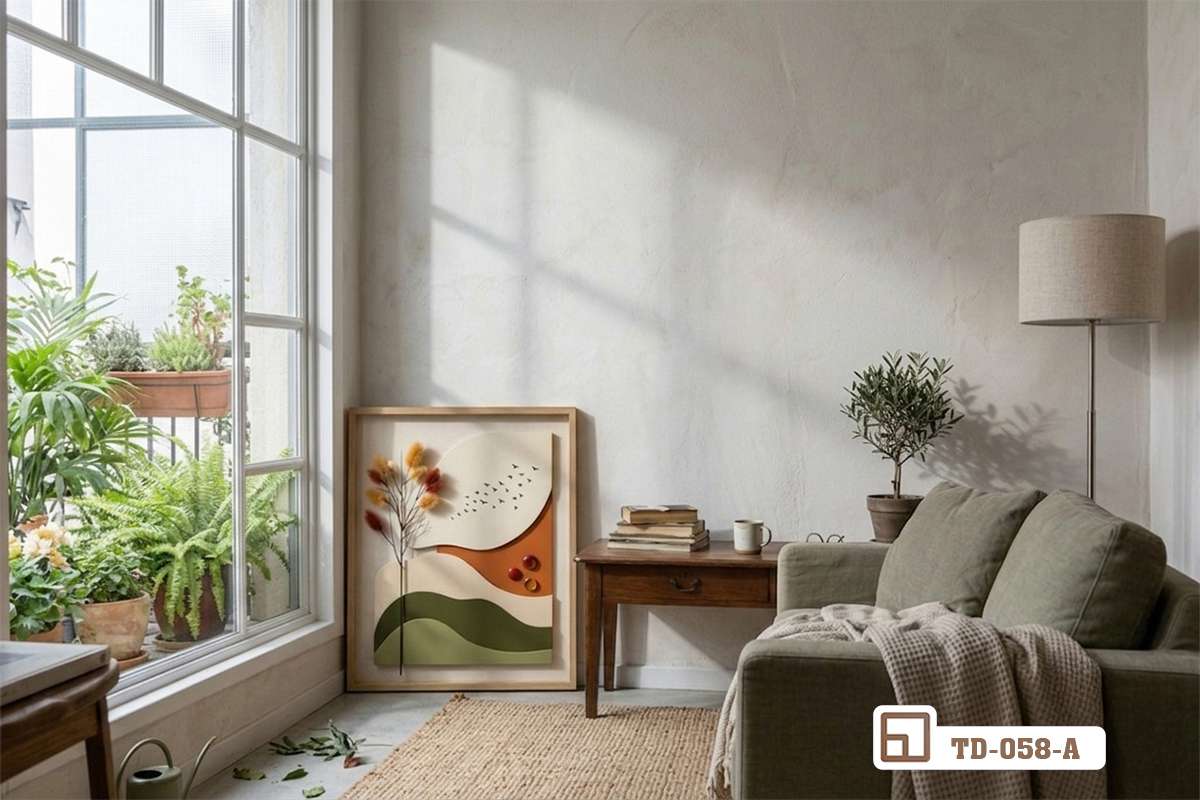 tranh phong cảnh nổi 3D đặt tựa sàn nhà gần ghế sofa êm ái góc ban công xanh mát Góc nhìn cận cảnh bức tranh phong cảnh nổi 3D đặt tựa dưới sàn nhà cạnh ghế sofa da êm ái