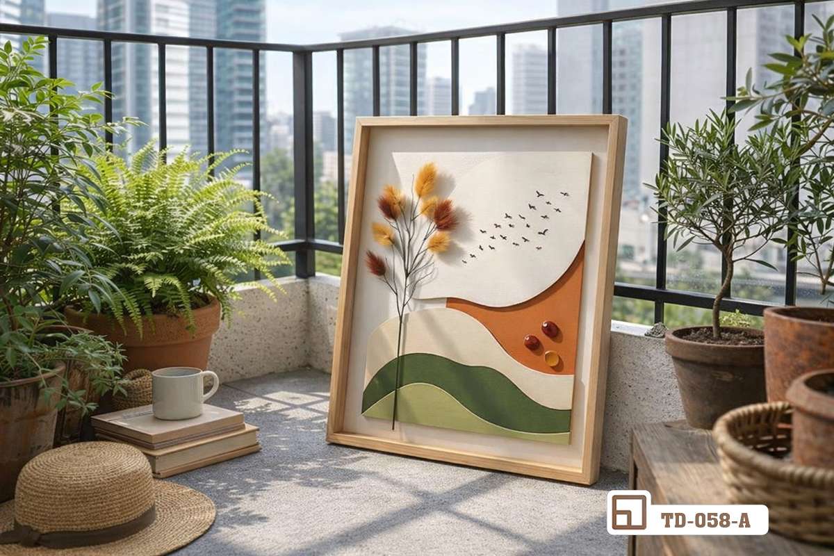 tranh phong cảnh nổi 3D tựa sát lan can ban công ngập tràn cây xanh và chậu hoa nhỏ Bức tranh phong cảnh nổi 3D đặt tựa ở góc ban công thoáng đãng xung quanh rợp bóng cây xanh