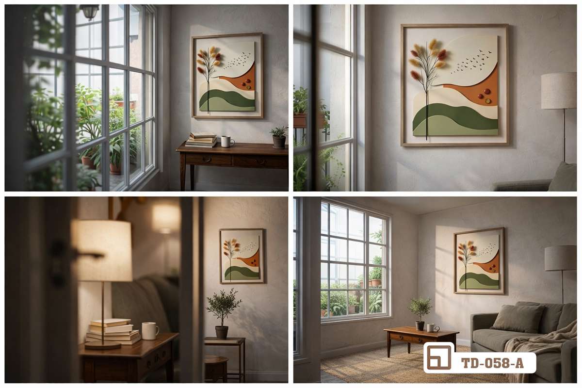 tranh phong cảnh nổi 3D tổng hợp bốn góc nhìn không gian nội thất căn hộ hiện đại Bốn khung hình phối cảnh chi tiết trưng bày bức tranh phong cảnh nổi 3D trong không gian sống