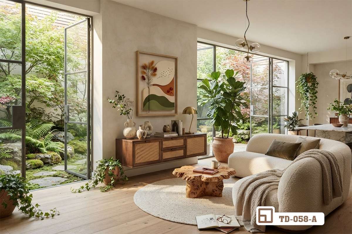 tranh phong cảnh nổi 3D trang trí phòng khách rộng rãi kết hợp thảm trải sàn cao cấp Không gian phòng khách sang trọng với bức tranh phong cảnh nổi 3D làm điểm nhấn trên mảng tường