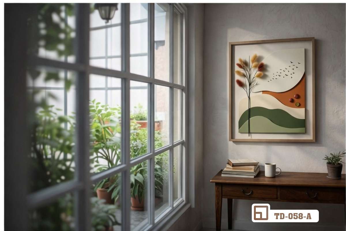 tranh phong cảnh nổi 3D treo tường góc nhìn cận cảnh khung gỗ tự nhiên cạnh cửa kính lớn Góc nhìn cận cảnh bức tranh phong cảnh nổi 3D treo tường gần khung cửa kính đón trọn ánh nắng