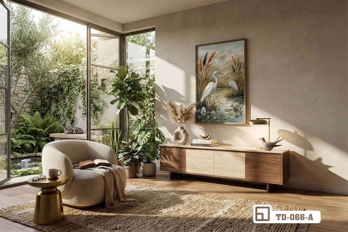 tranh canvas dam sen phoi cung ghe sofa mau nau tram va tham Tranh canvas đầm sen phối hợp hài hòa cùng bộ ghế sofa màu nâu trầm và thảm trải sàn ấm áp
