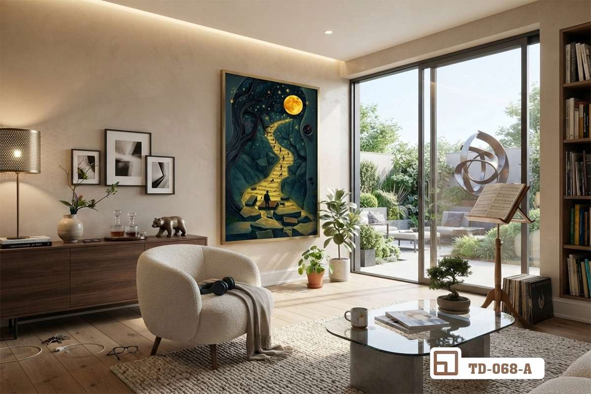 tranh con đường trăng sao nghệ thuật đa chiều trong phòng khách sang trọng sáng sủa Phòng khách hiện đại ngập tràn ánh sáng tự nhiên với bức tranh con đường trăng sao nghệ thuật đa chiều