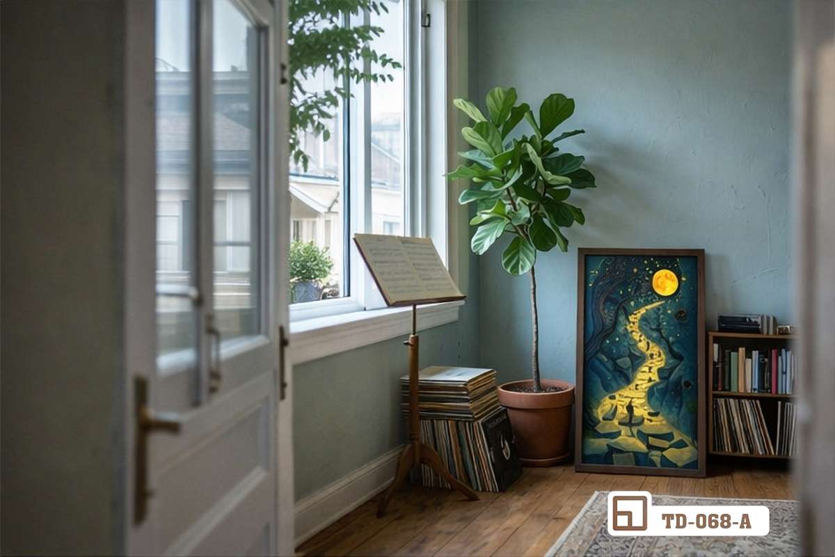 tranh con đường trăng sao khổ dọc treo tường phòng đọc sách tĩnh lặng ấm cúng Góc phòng đọc sách tĩnh lặng ấm áp với bức tranh con đường trăng sao khổ dọc treo trên mảng tường sơn trắng