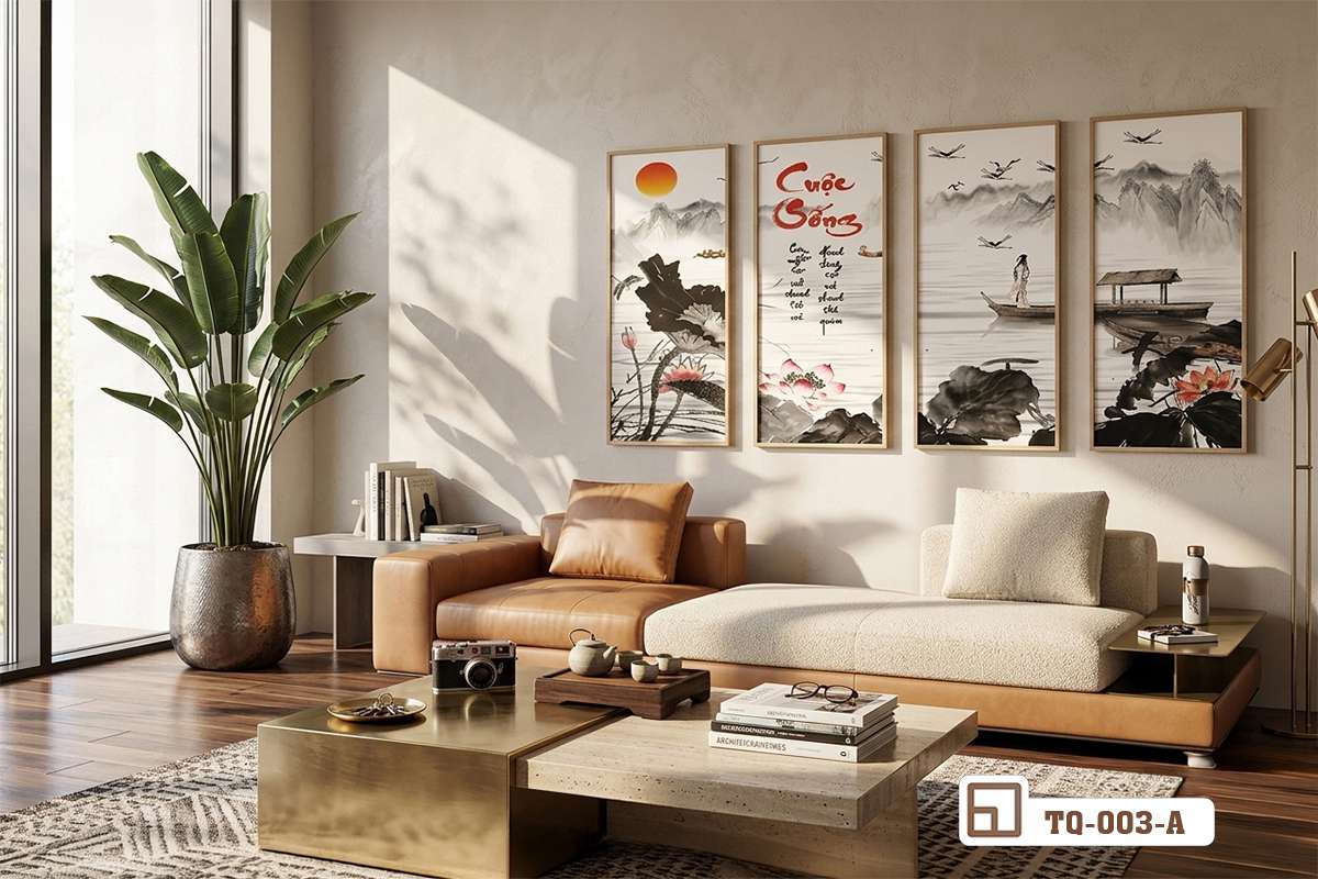 tranh hoa sen nghệ thuật treo phòng khách sofa da bò Bức tranh hoa sen nghệ thuật bố trí trên bức tường lớn cạnh sofa da bò hiện đại trong phòng khách