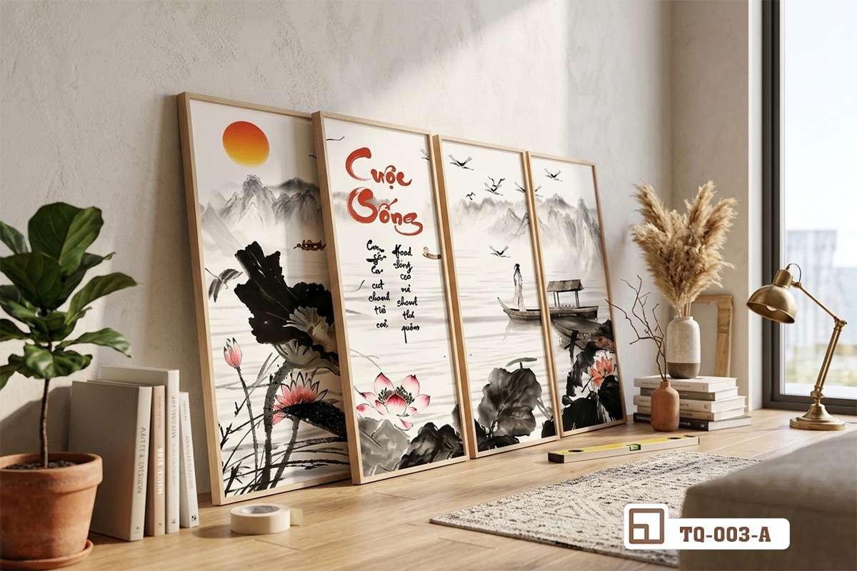 tranh hoa sen nghệ thuật tựa sàn nhà góc phòng Cận cảnh bộ tranh hoa sen nghệ thuật khổ lớn được dựng tựa nhẹ nhàng sát sàn nhà cạnh cây xanh