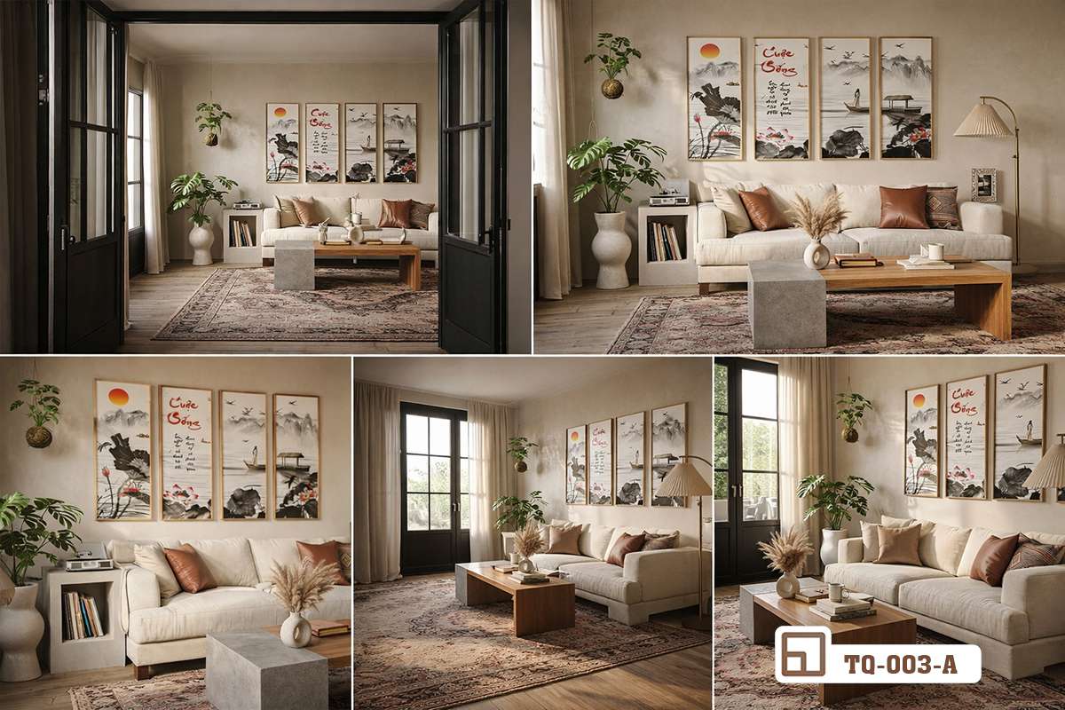 tranh hoa sen nghệ thuật tổng hợp phối cảnh căn hộ Góc chụp tổng thể phối cảnh phòng khách với tranh hoa sen nghệ thuật và khung cửa kính lớn