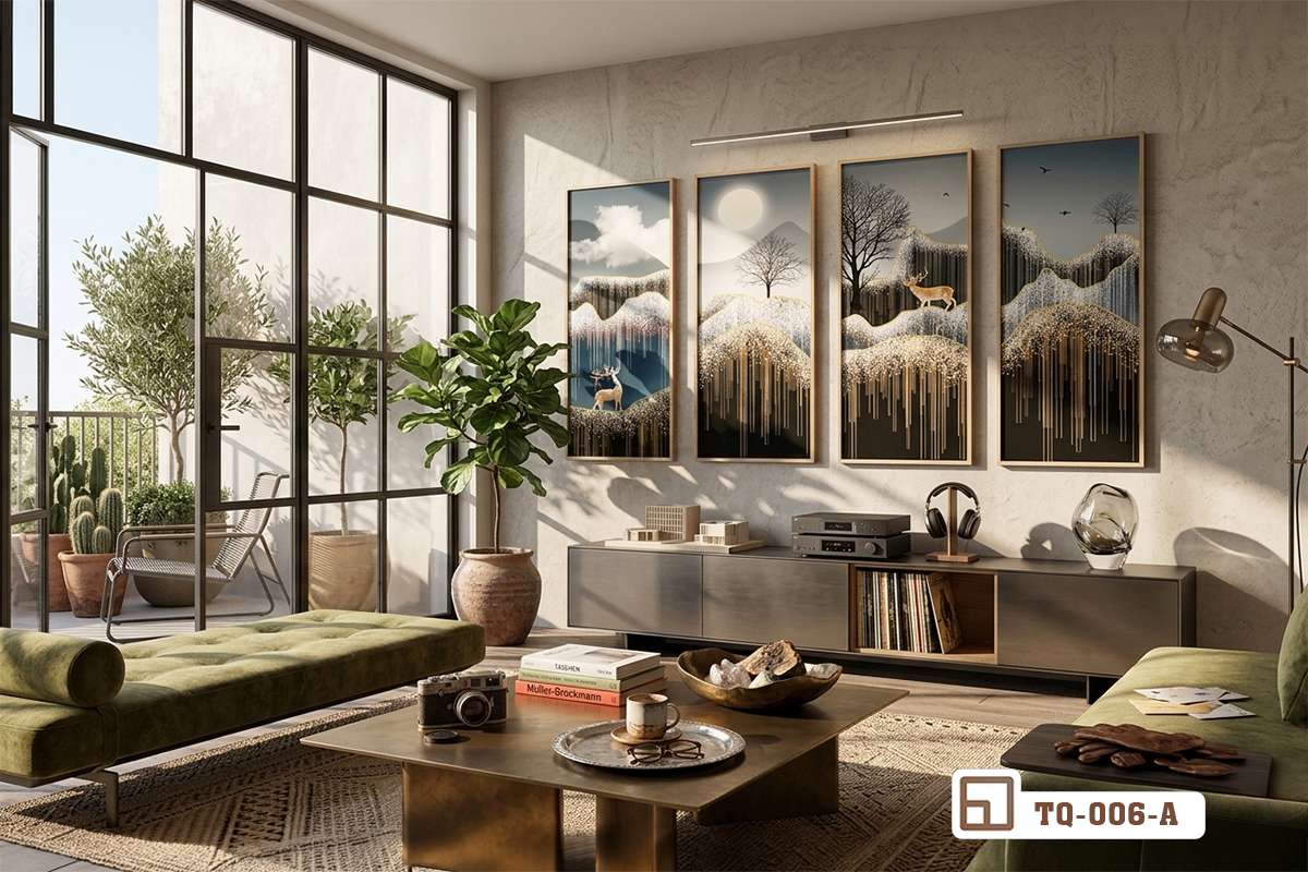 bức tranh nai vàng ánh kim phối cùng sofa bọc da Bộ tranh treo tường nai vàng ánh kim tỏa sáng rực rỡ bên cạnh ghế sofa da cao cấp