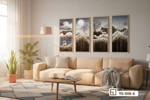 Tranh nai vàng ánh kim - Tuyệt đỉnh xa hoa làm bừng sáng mọi góc nhìn nghệ thuật TQ 006 A m3 tranh nai vang anh kim ket hop sofa kem am cung cho khong gian phong khach xuongtranhcanvas