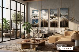 Tranh nai vàng ánh kim - Tuyệt đỉnh xa hoa làm bừng sáng mọi góc nhìn nghệ thuật TQ 006 A m8 tranh nai vang anh kim treo phong khach biet thu voi sofa vang kem be the xuongtranhcanvas