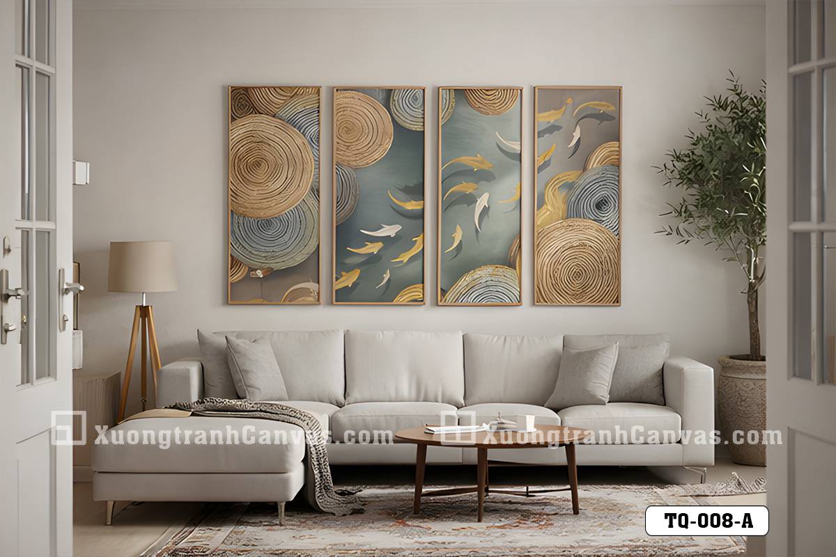 TQ 008 A Tranh Canvas Cá Chép Cửu Ngư Quần Hội Tông Xanh Vàng Hiện Đại m7 TQ 008 A Tranh Canvas Cá Chép Cửu Ngư Quần Hội Tông Xanh Vàng Hiện Đại m7