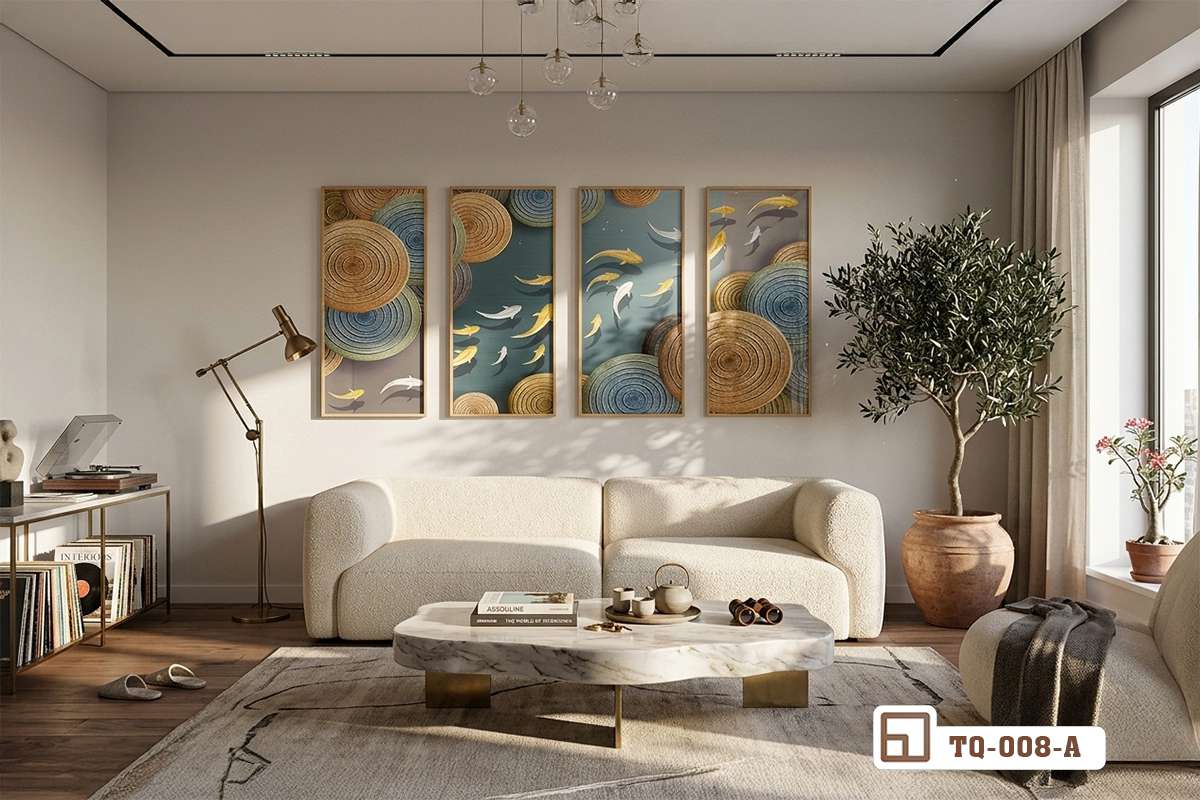 bộ tranh bộ cá chép đặt tựa sàn gỗ cạnh chậu cây xanh trong nhà Góc nhìn cận cảnh bộ tranh bộ cá chép đặt tựa sàn gỗ tự nhiên kết hợp chậu cây xanh trang trí