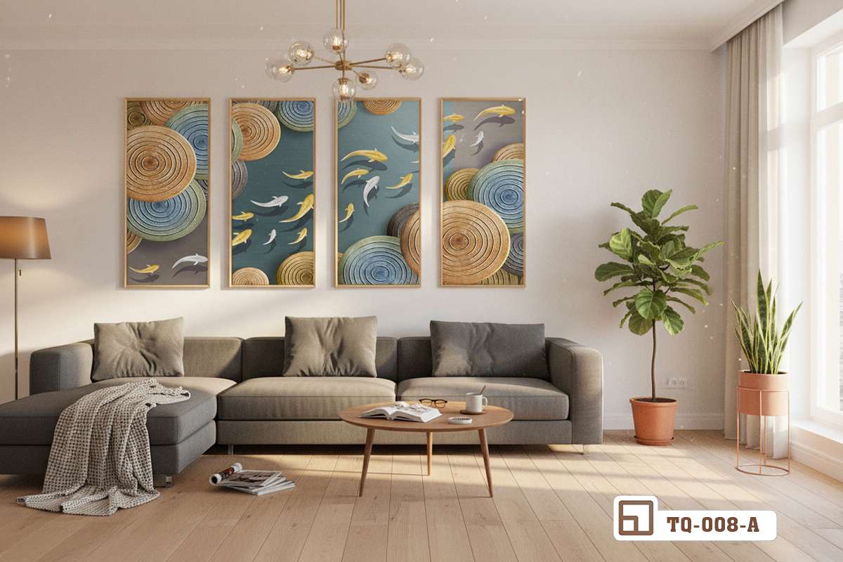 bộ tranh bộ cá chép hoàn thiện không gian phòng khách biệt thự sang trọng Phối cảnh hoàn thiện không gian phòng khách biệt thự với bộ tranh bộ cá chép đẳng cấp