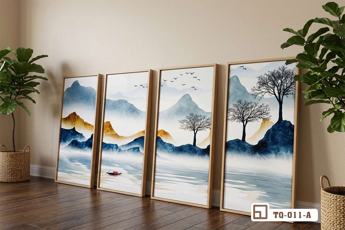 tranh bo son thuy treo tuong phong khach san go tu nhien Bộ tranh bộ sơn thủy treo tường phòng khách đặt cạnh tủ gỗ tự nhiên cao cấp