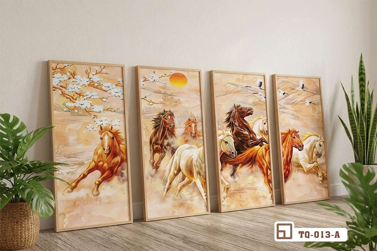 tranh mã đáo thành công canvas treo tường phòng khách hiện đại Bộ tranh mã đáo thành công chất liệu canvas mờ lì treo trang trọng trên mảng tường lớn của phòng khách hiện đại